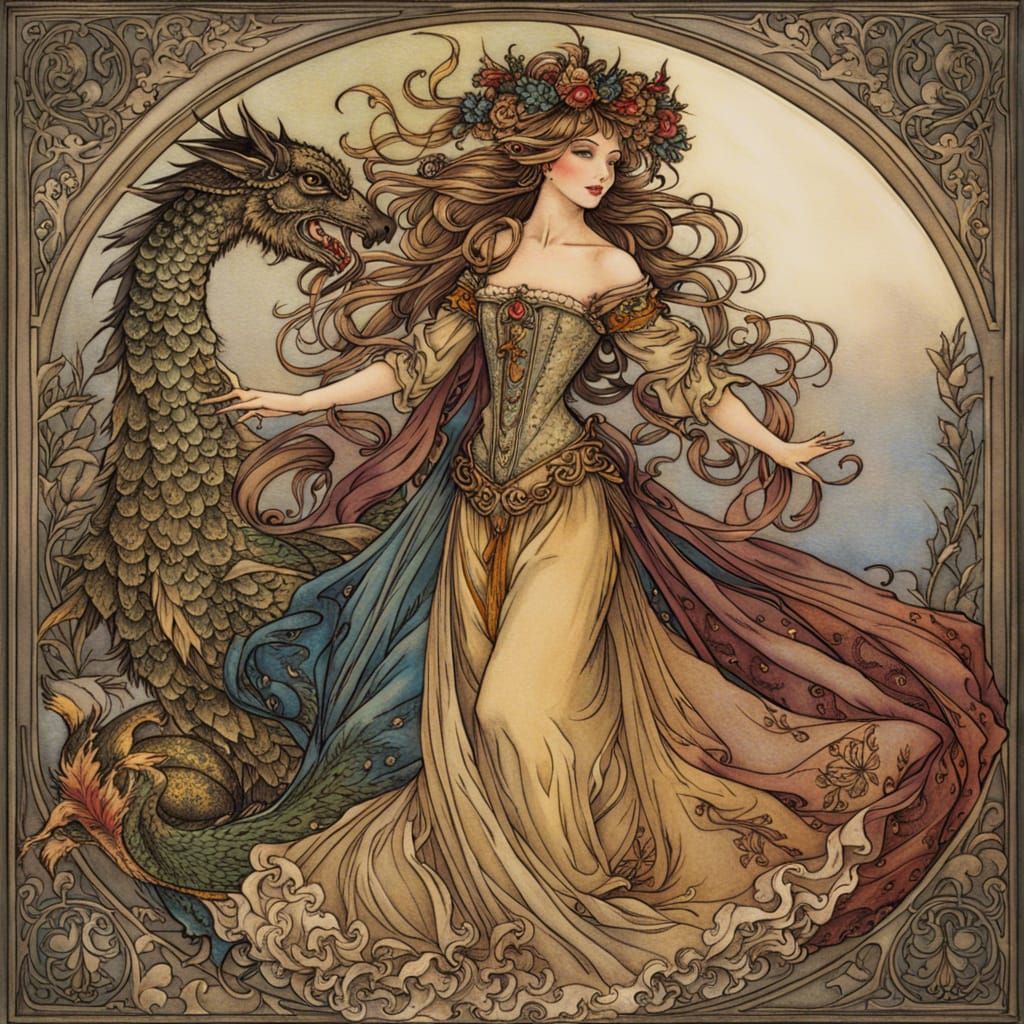 Medieval Maiden Dances with Dragon: Rackham Style