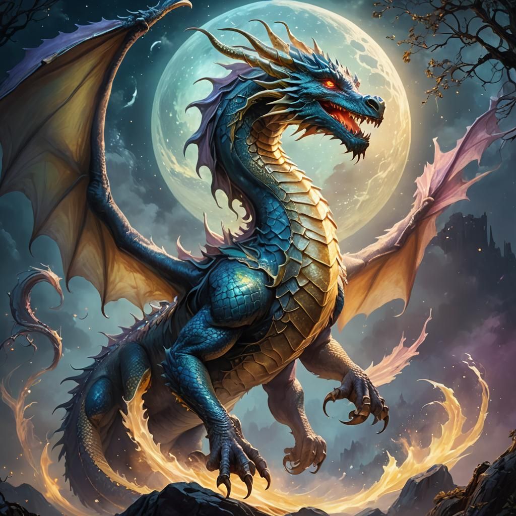 Magnificent Dragon Under Enchanted Moonlight: Fantasy Art