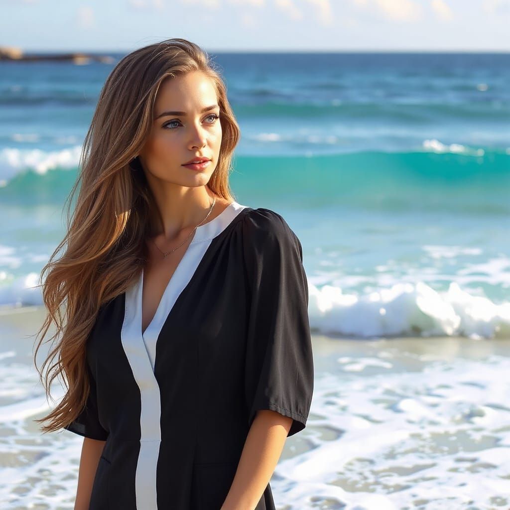 Beautiful Woman Contemplating Turquoise Waves: Realistic Sty...