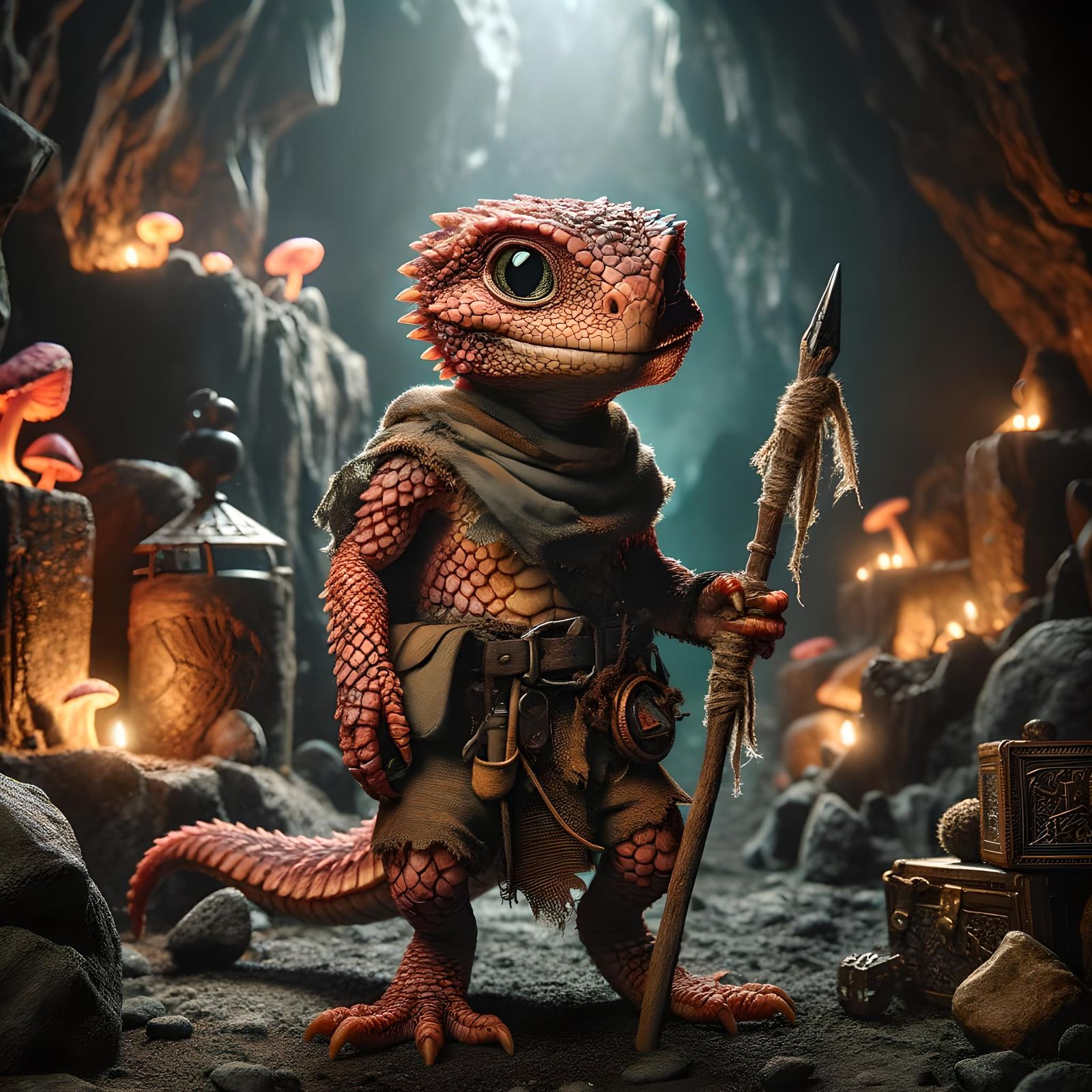 Reddish-Brown Scaled Humanoid in Subterranean Cave