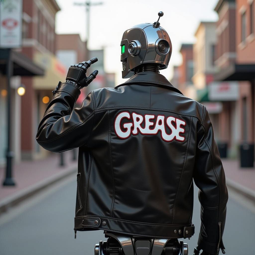 Robot in Leather Jacket with "Grease" on Back