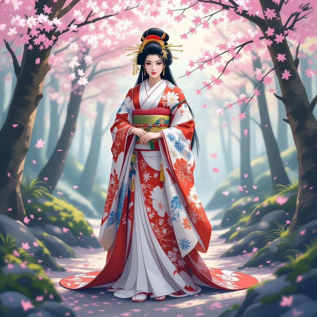 Amaterasu in Forest of Cherry Blossoms, Ukiyo-e Style