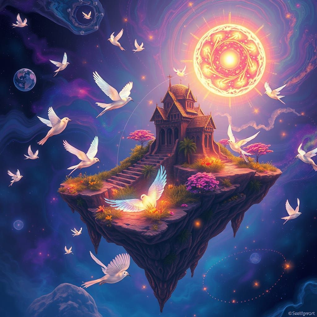 Ethereal Floating Islands with Iridescent Birds in Cosmic En...