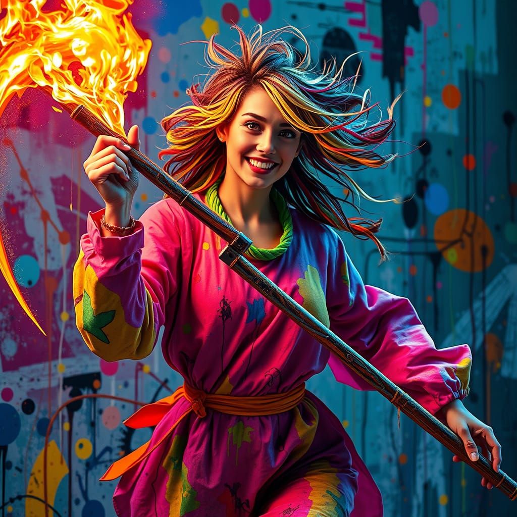 Vibrant Digital Artist Radiates Creative Energy in Bold Expr...