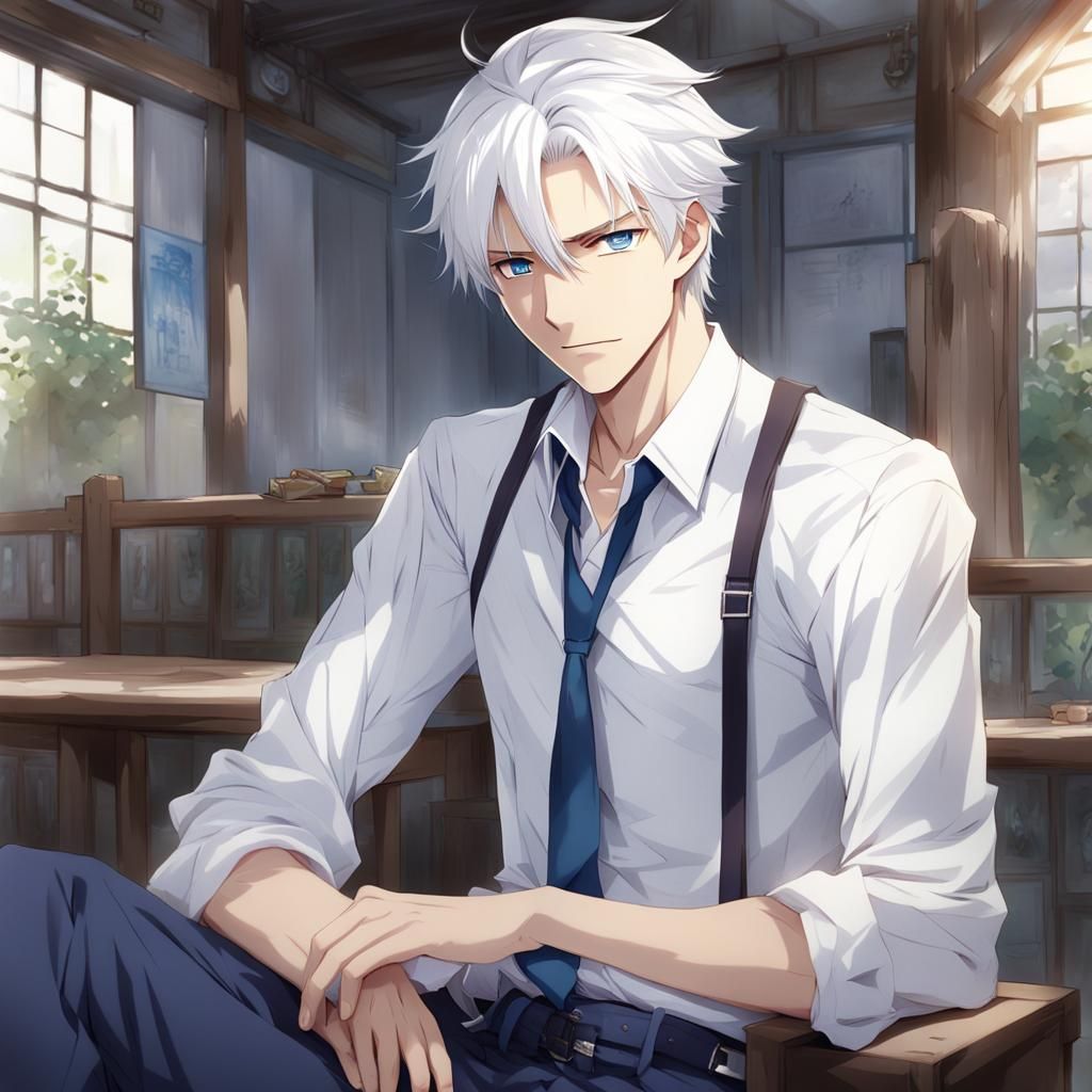 Anime Style: White-Haired Man with Arrogant Smirk