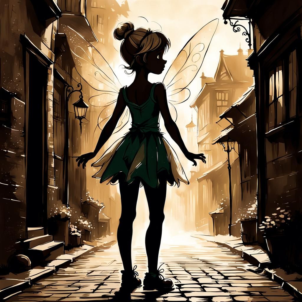 Tinkerbell Silhouette in Sepia Vintage Ink Drawing