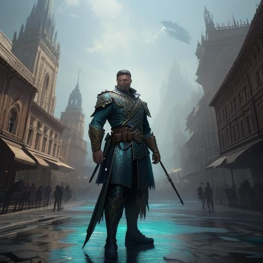 Scaled Policeman in Mystical City: Fantasy Art