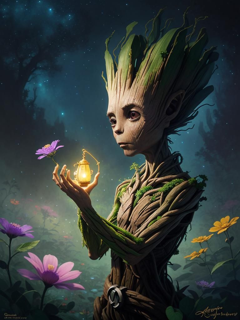 Groot's Bioluminescent Garden: Dreamlike Oil Painting