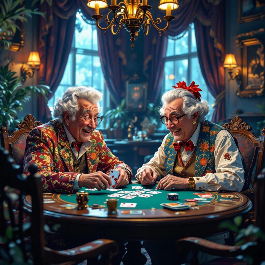 Elderly Friends Playing Cards in Whimsical Fantasy Parlor