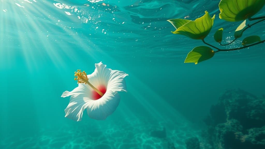 Underwater Hibiscus Flower in Turquoise Sea, Digital Art