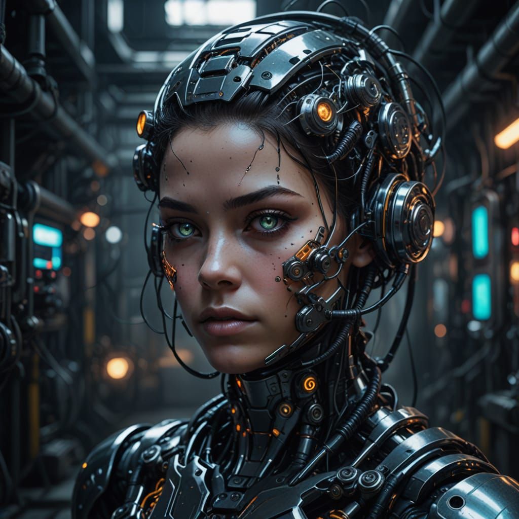 Cyborg Woman with Piercing Eyes in Industrial Haze