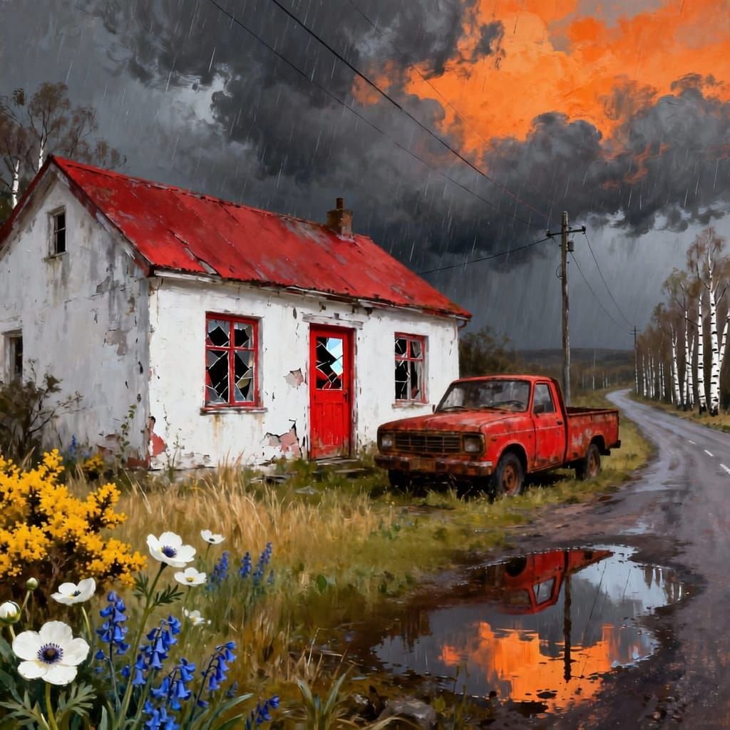 Girl by Abandoned Cottage Under Stormy Skies