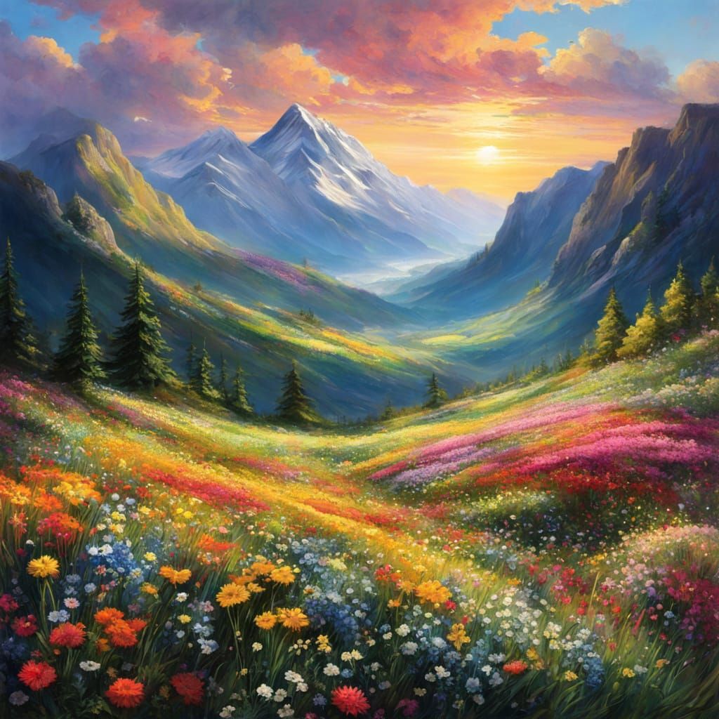 Colorful Mountains at Dawn with Wildflowers
