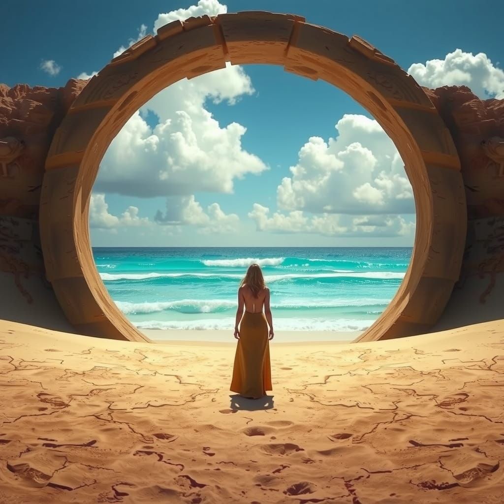 Desert Portal to Tropical Ocean, Photorealistic Style