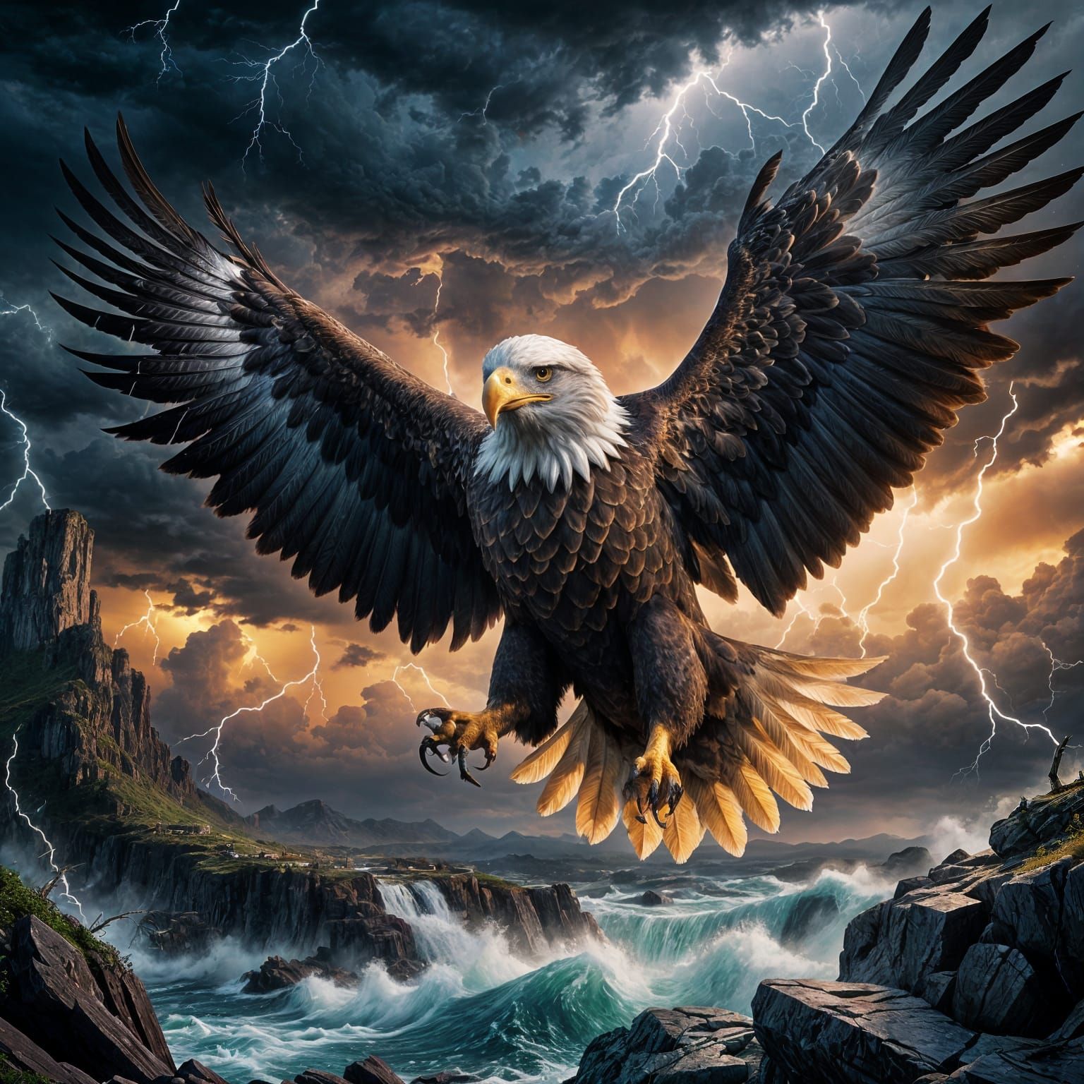 Eagle Soars Through Turbulent Skies in Vivid Fantasy Art