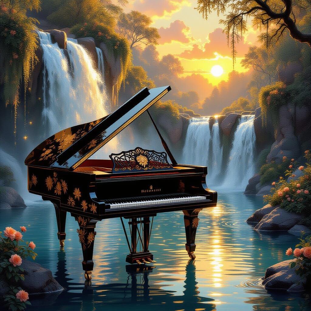 Grand Piano Adorned with Gold Flowers by Waterfall at Sunset