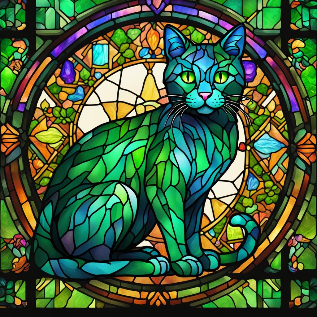 Rainbow Stained Glass Cat Fantasy Art