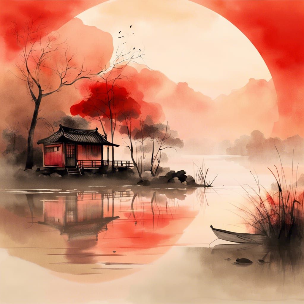 Misty Lakeside Cottage in Chinese Ink Painting Style