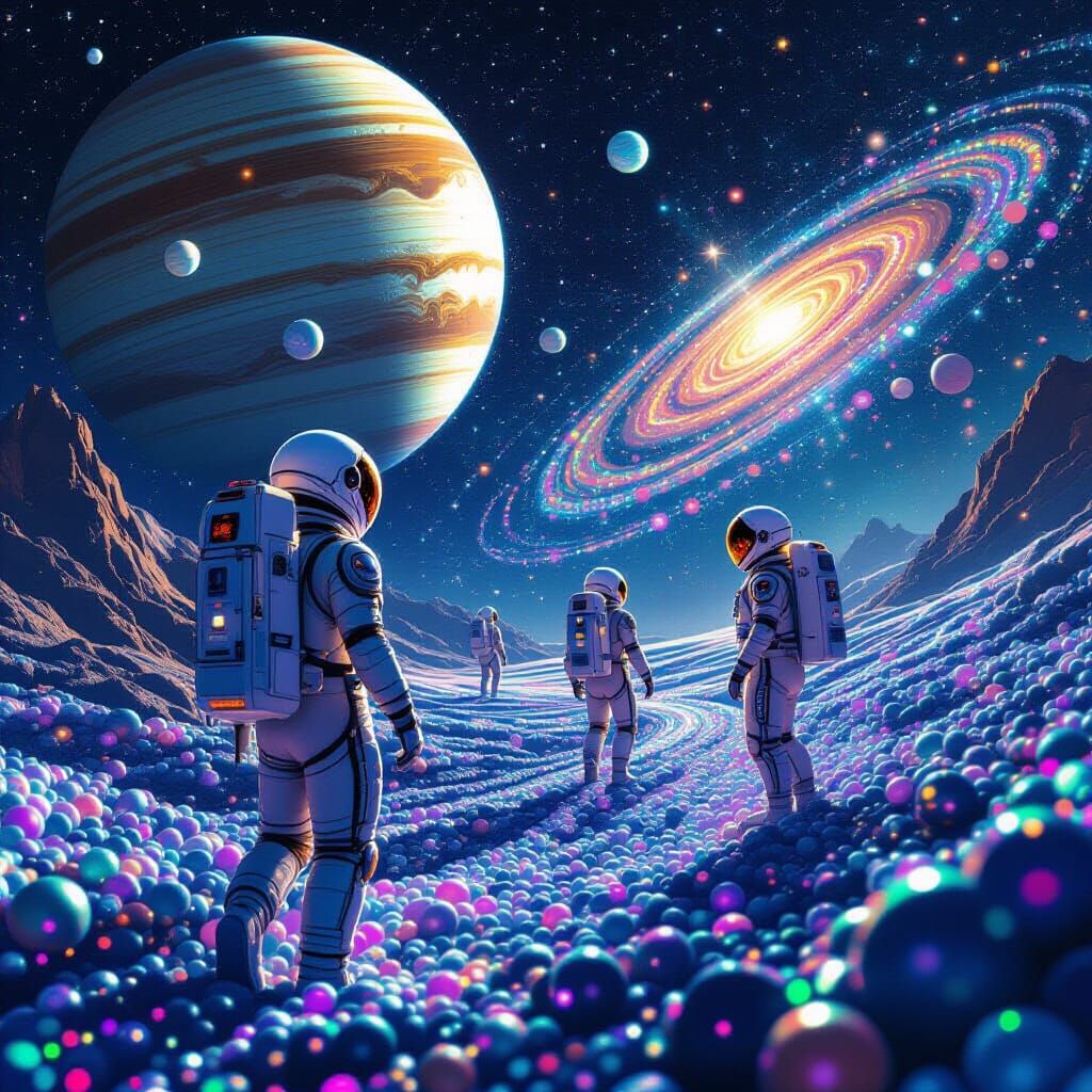 Beaded Astronauts Explore Iridescent Alien World