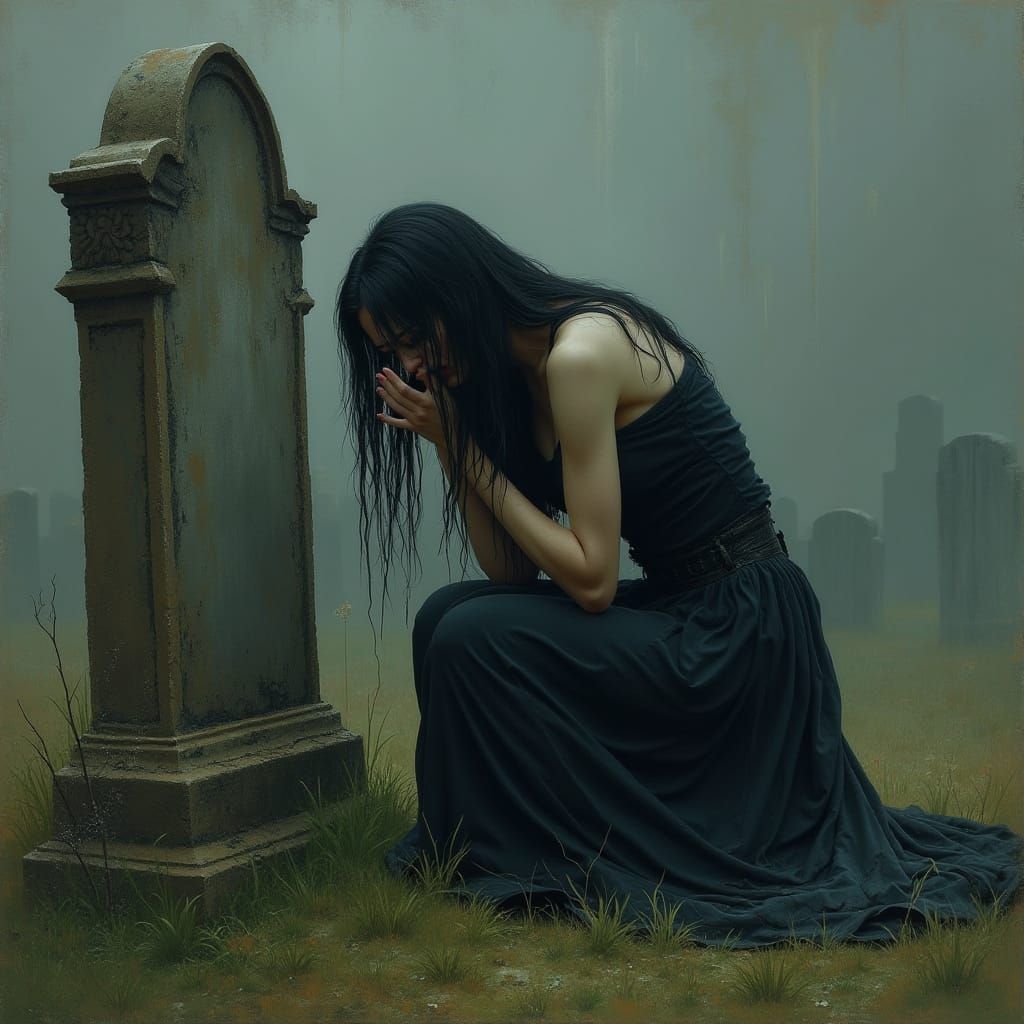 Sorrowful Woman Kneels Before Ancient Gravestone
