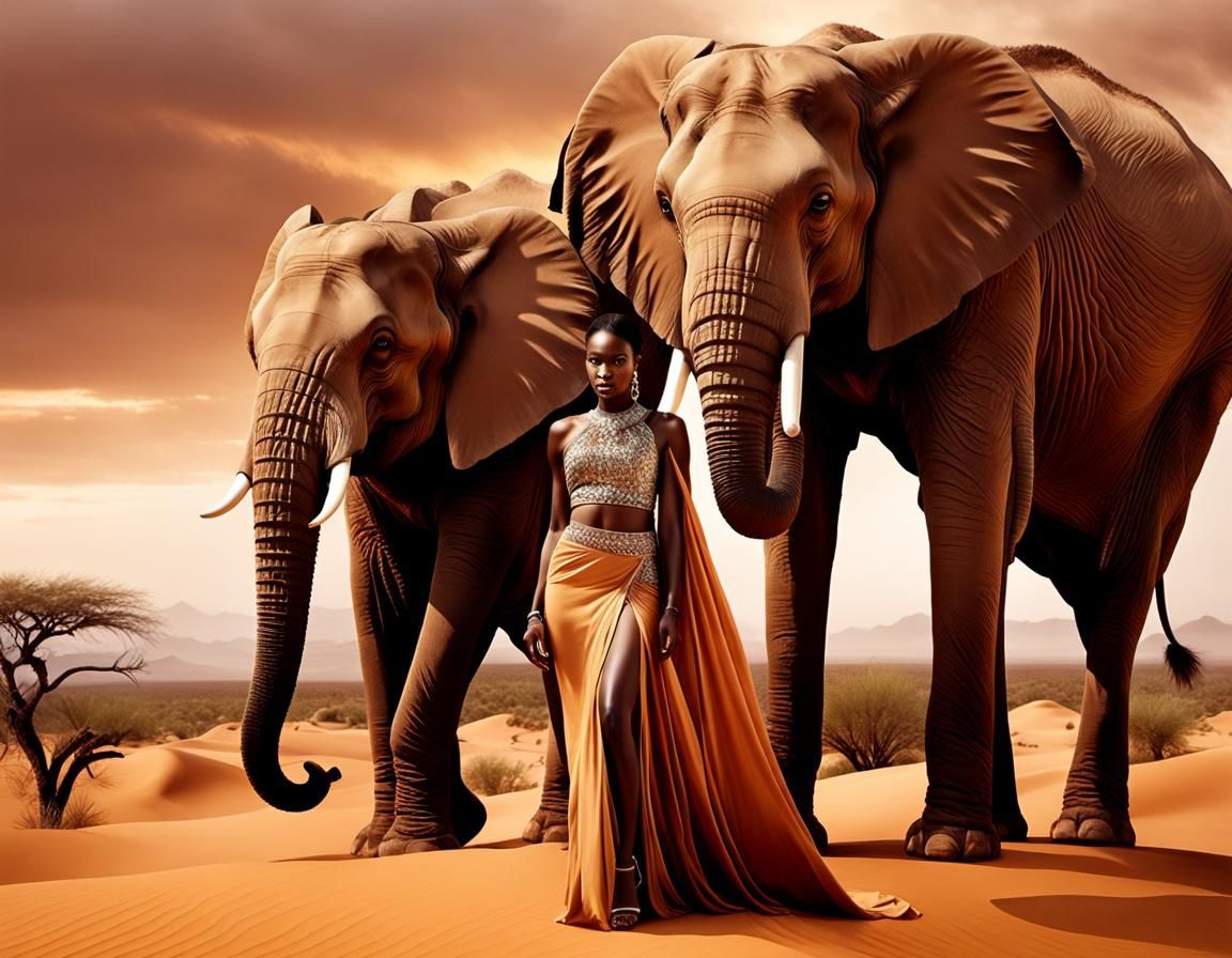 Desert Model and Elephant: Hyper-Realistic Photography