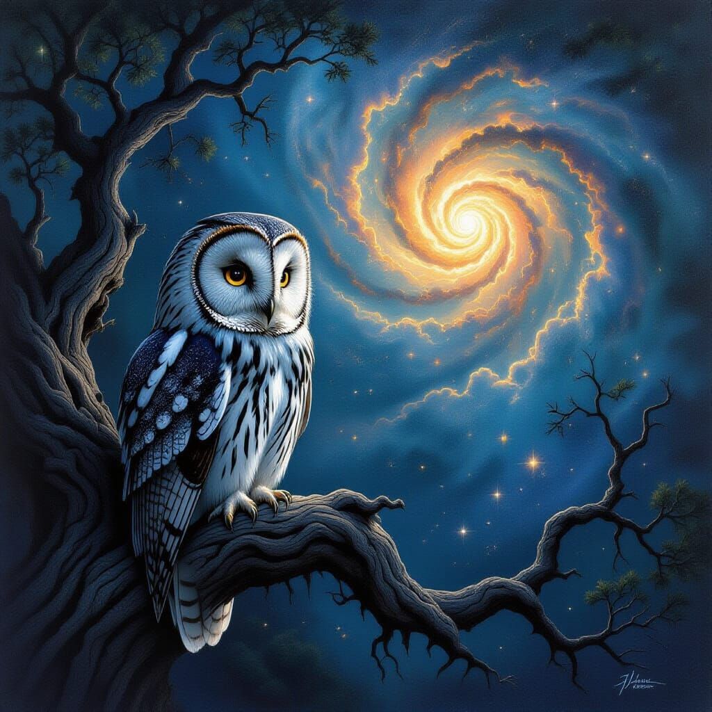 Cosmic Owl Perched on Ancient Tree Branch