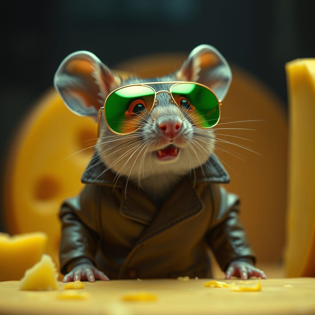 Mouse in Trench Coat Reflects Cheese, Cinematic Close-Up