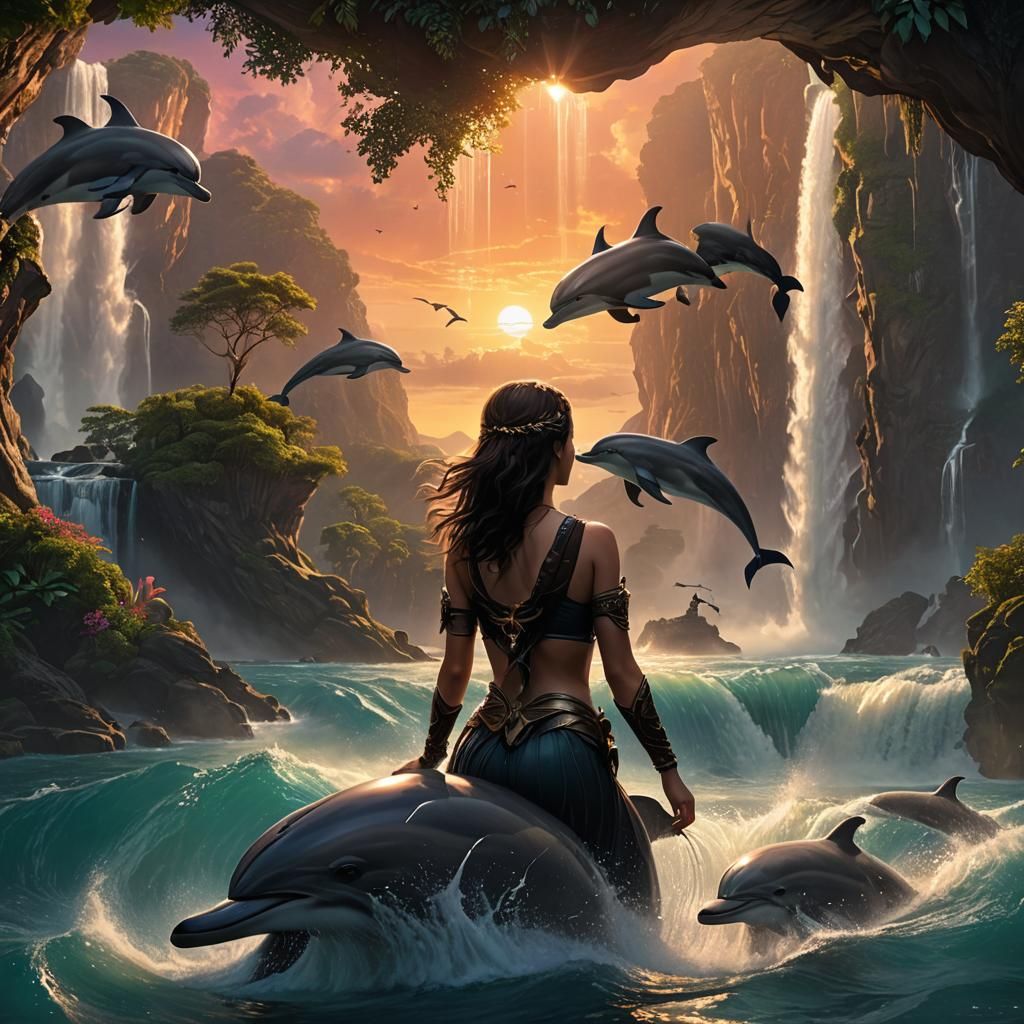 Sunset Waterfall Scene with Dolphins and Kitten