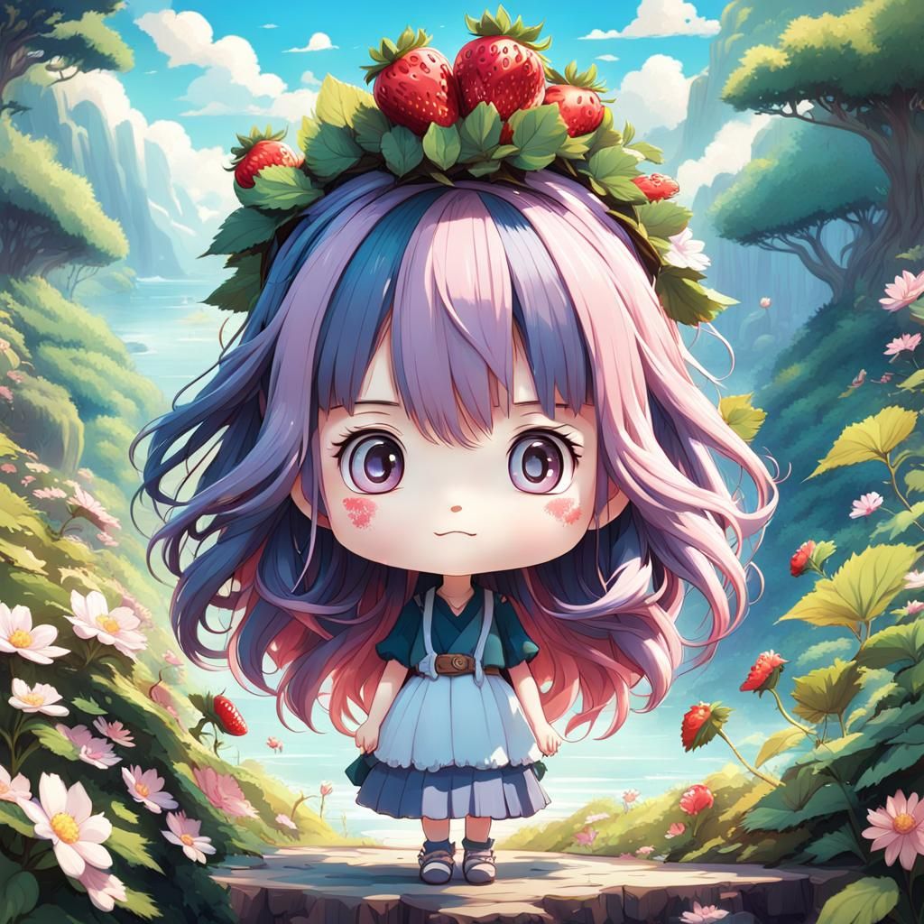 Charming Chibi Girl with Strawberry Hair in Ghibli Style