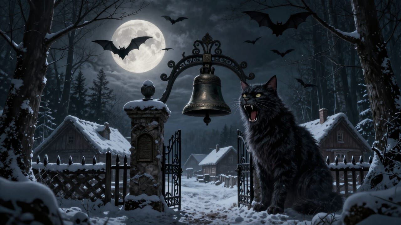 Full Moon Over Snowy Village With Fierce Yule Cat