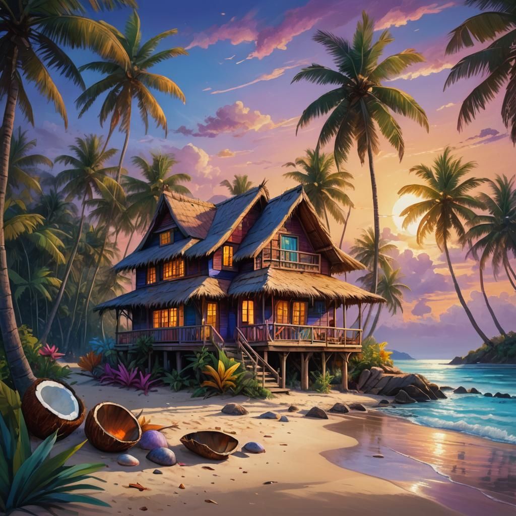 Coconut Shell Cottage on a Beach, Vibrant Oil Painting