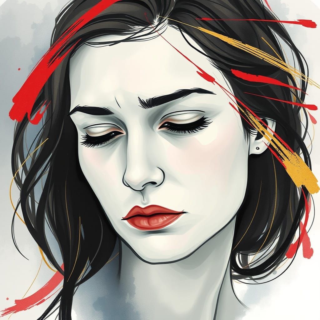 Soft Watercolor Portrait of a Woman's Turmoil in Expressioni...