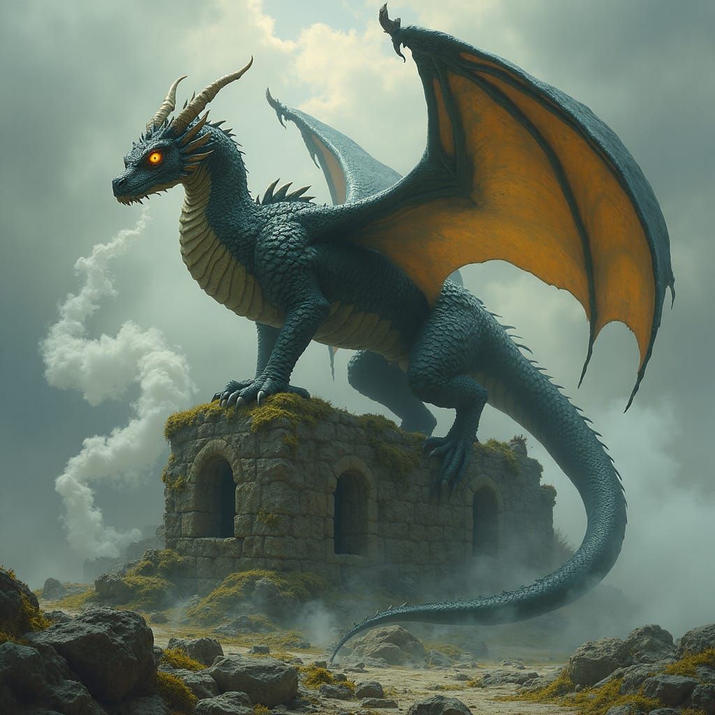 Ancient Obsidian Dragon on Ruin in Dark Fantasy Style