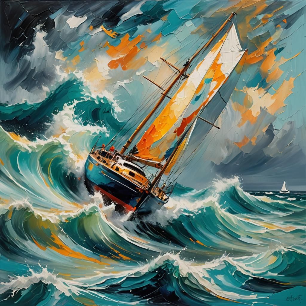 Sailboat in Stormy Sea: Expressionist Oil Painting