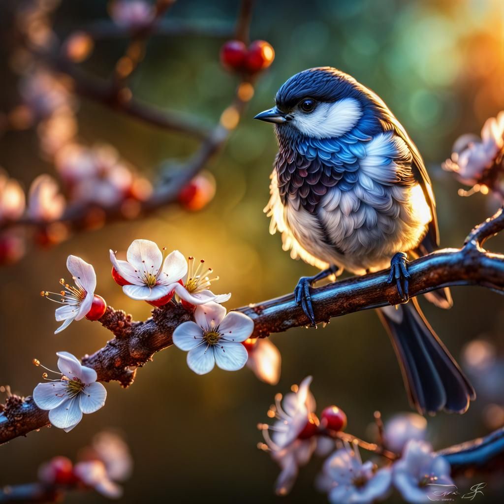 Glass Tomtit on Cherry Branch at Sunrise