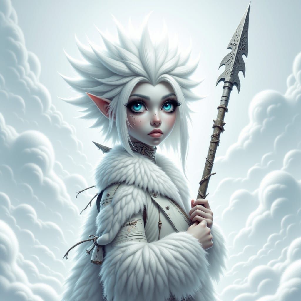 Albino Warrior Woman with Dandelion Hair in White Landscape