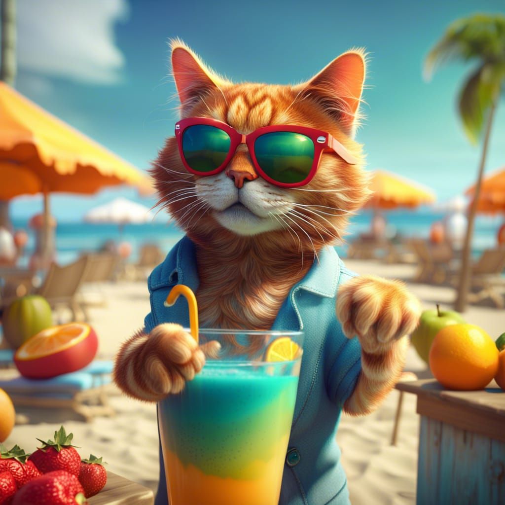 Cool Cat Dancing on Beach, Detailed Digital Painting