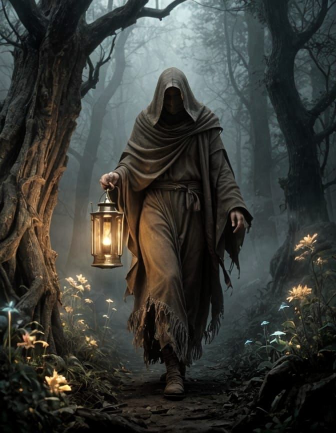 Enchanted Forest: Solitary Figure with Lantern