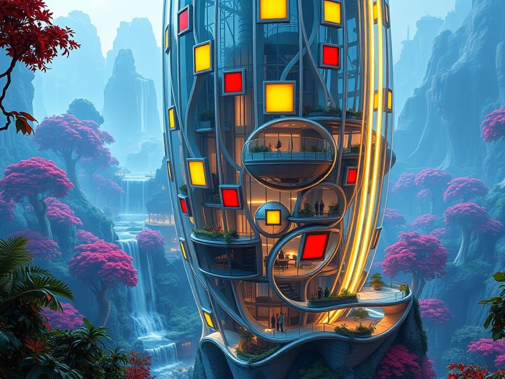 Sleek, Futuristic Flower-Shaped Building in Cyberpunk Landsc...