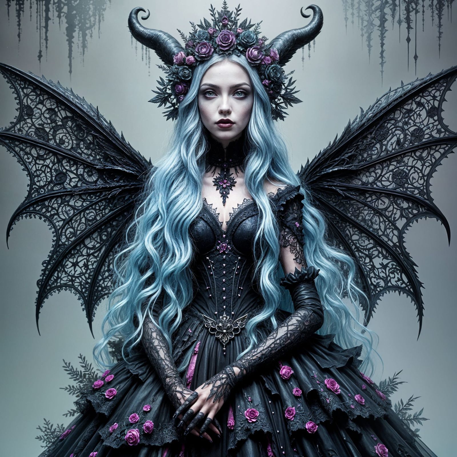 Gothic Demon Queen with Pastel Hair in Pop Surrealism Style