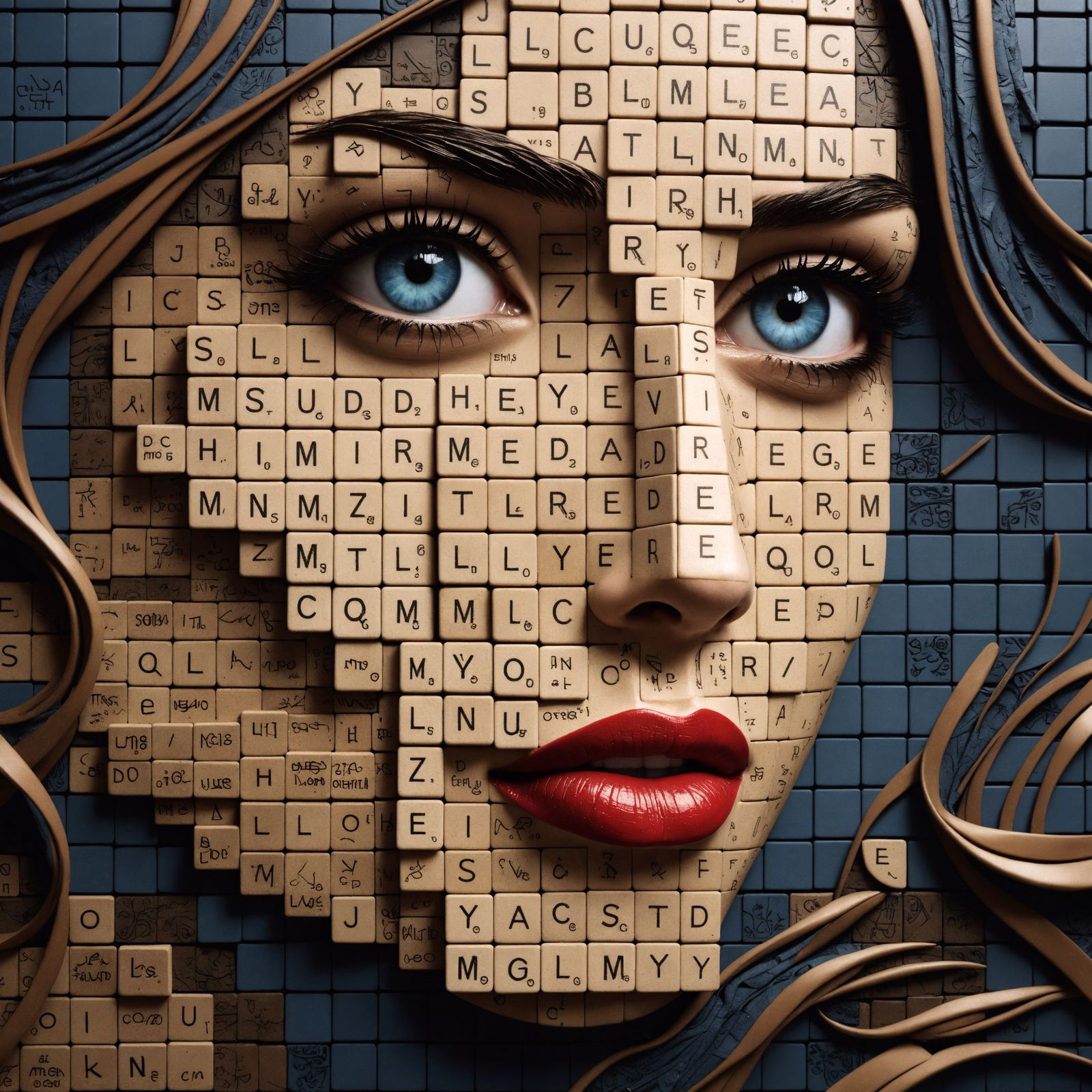 Scrabble Tile Woman Portrait in Hyperrealistic Style