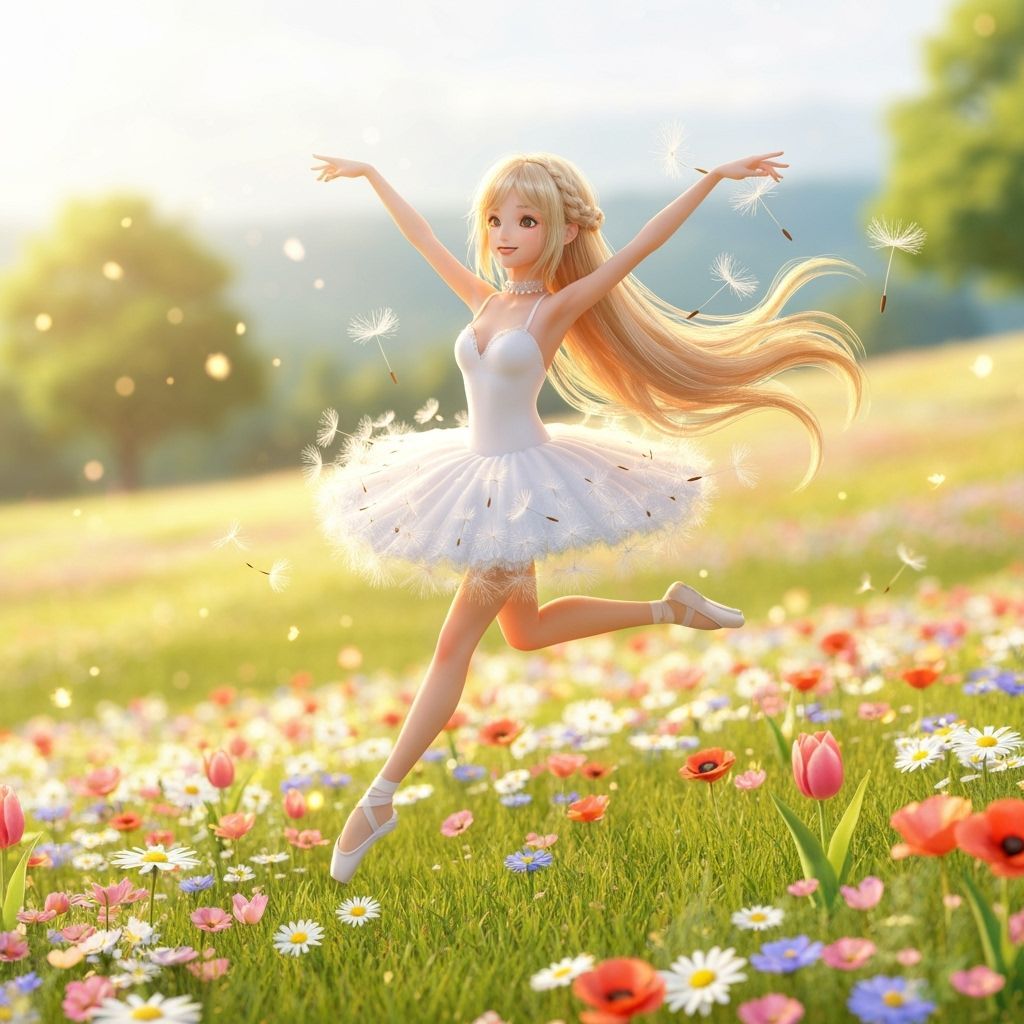 Dandelion Ballerina Dancing in Flower Field: 3D Anime