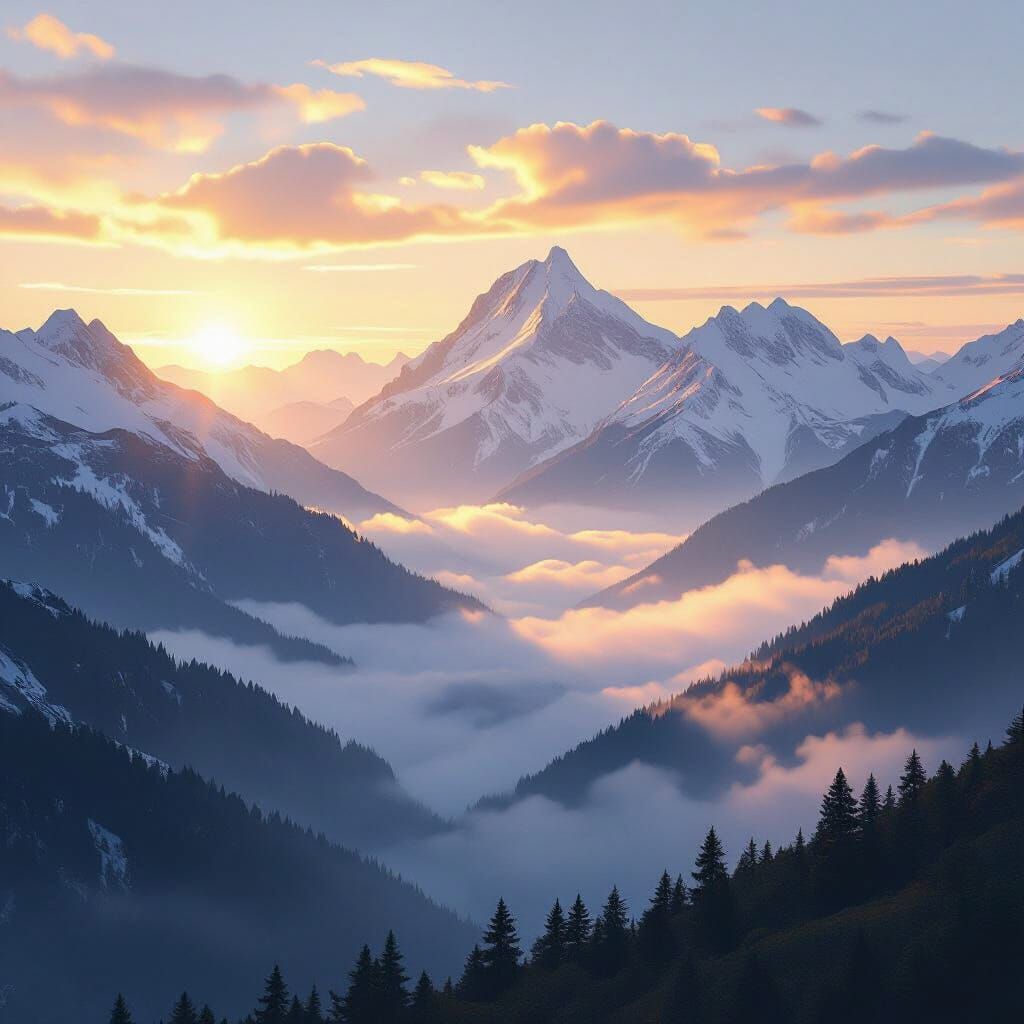 Serene Mountain Range at Dawn in Hyperrealism