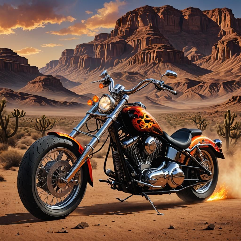 Chopper Motorbike with Flaming Paint Job