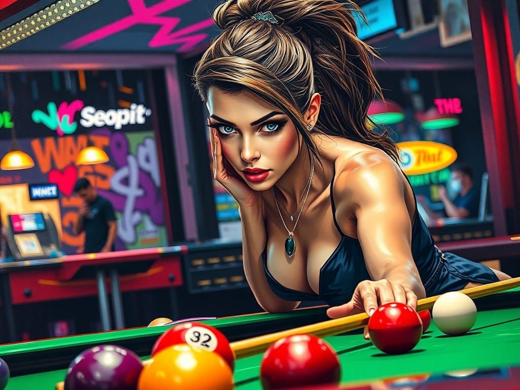 Woman Playing Snooker in Hyperrealistic Graffiti Art