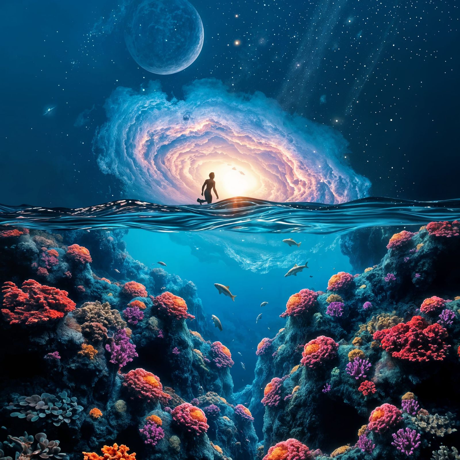 Underwater Sea Meets Galaxy in Double Exposure