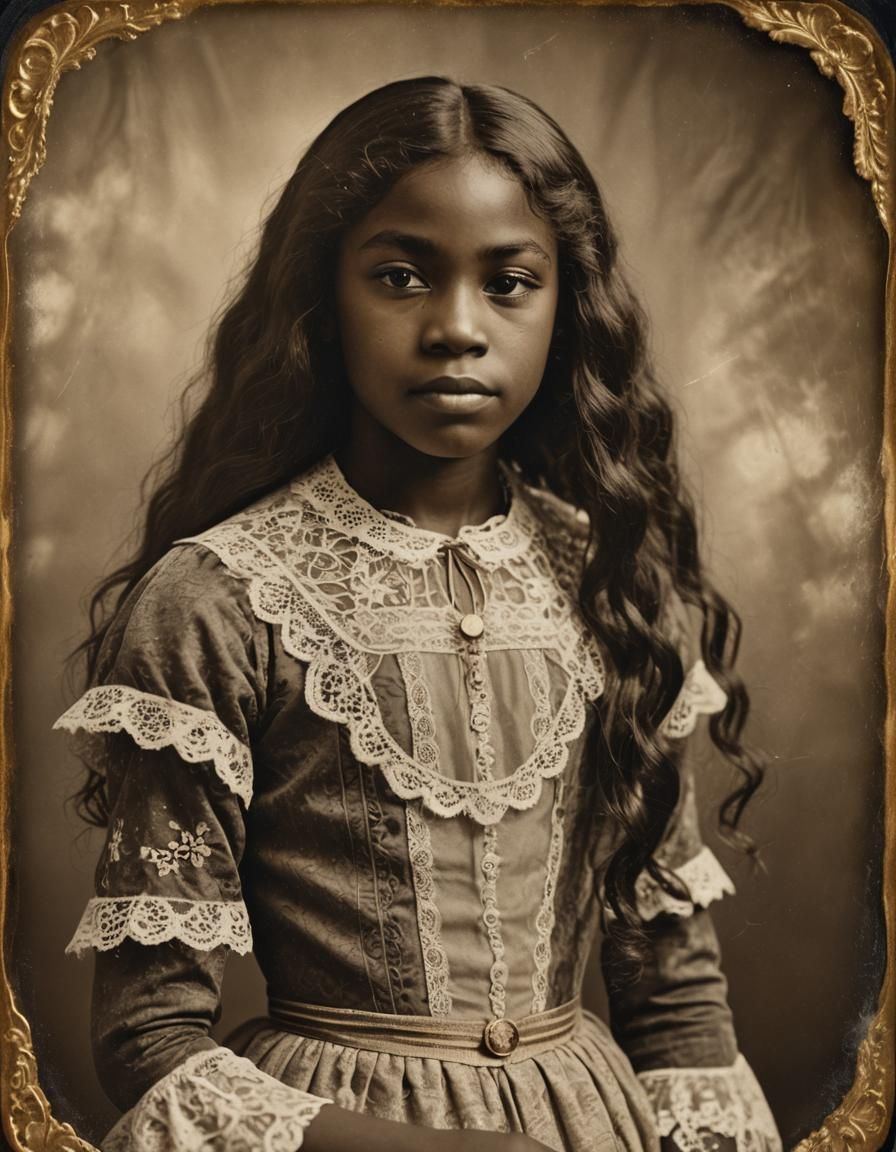 Vintage Portrait of an African American Girl in Daguerreotyp...