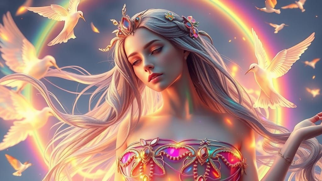 Luminous Goddess of the Rainbow in Shifting Iridescent Hues