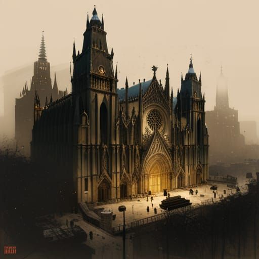 Haunted Cathedral with Shadows in Black Lineart