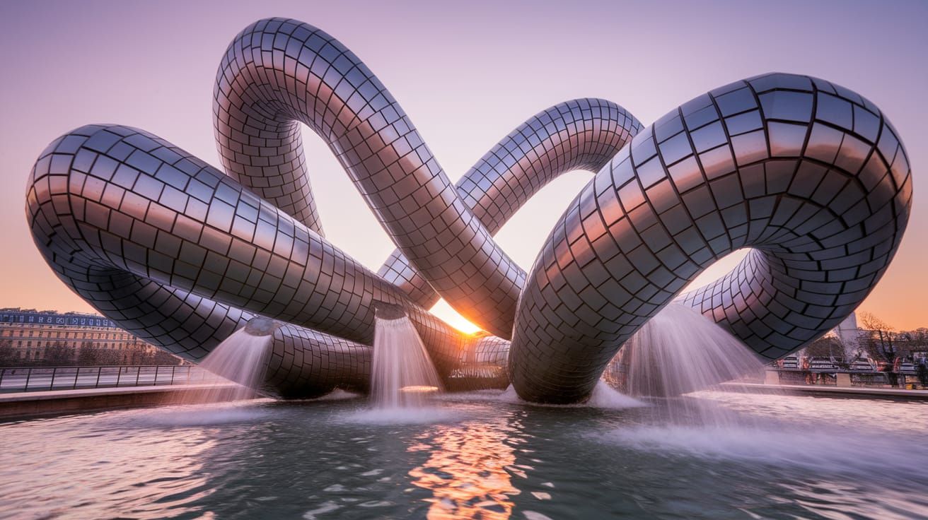 Paris Sculpture: Twisted Pipes Stream Water in Defense Squar...